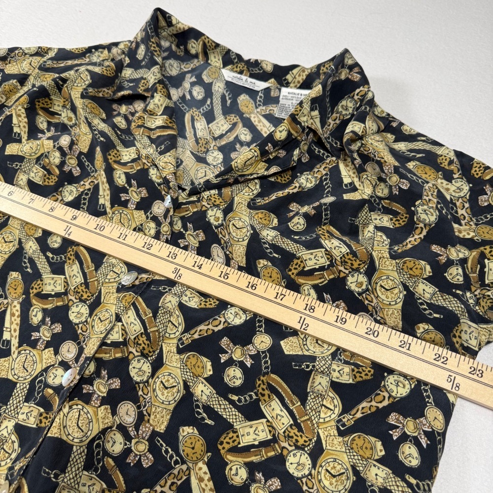 Natalie & Me Vintage 100% Silk Watch leopard Print Button Shirt Large Black 90s - Picture 4 of 9